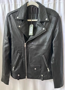 Chaqueta de motociclista de cuero ALL SAINTS Milo para hombre XS negra con cremallera asimétrica - Imagen 1 de 10