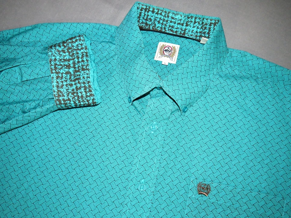 Camisa CINCH Manga Larga Verde Geométrica Informal Occidental Abotonada Para Hombre Grande Foto 1 de 4