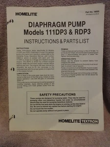 HOMELITE PUMP OWNERS AND PARTS MANUAL FOR DIAPHRAGM PUMP 111DP3 & RDP3 - Picture 1 of 2
