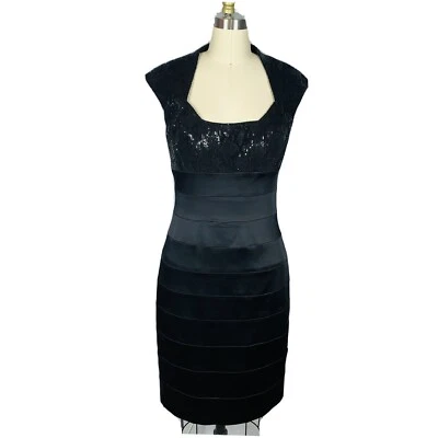 Vestido JAX para mujer talla 4 negro lentejuelas satinado manga gorra cóctel fiesta boda Foto 1 de 4