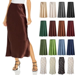 Lady Summer Satin Silk Maxi Skirts Split High Elastics Waist Party Long Dress UK - Picture 1 of 53