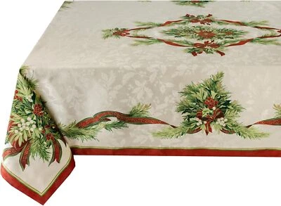 60X120 Christmas Rectangular Tablecloth Heavyweight Holiday Ribbons Design - Image 1 of 4