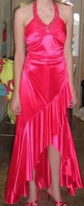 City Triangles Size M VintageY2K HighLow Hot Pink Silky Beaded Halter Dress Prom - Picture 1 of 10