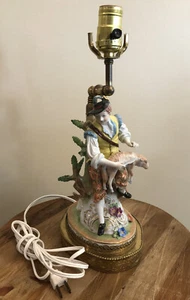 VINTAGE ANTIQUE LARGE DRESDEN MAN W/ SHEEP FIGURINE TABLE LAMP - Picture 1 of 11