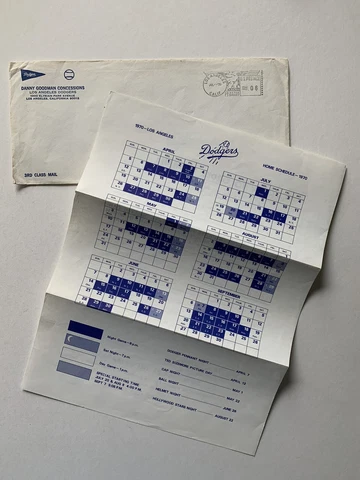1970 Danny Goodman Los Angeles Dodger Envelope with 1970 Schedule & Postcards Cover