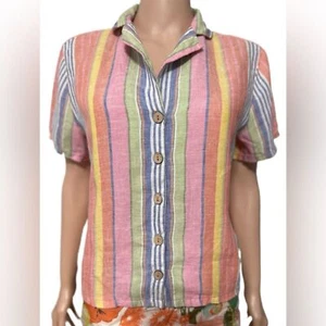 C&C California Womens S Shirt 100% Linen Button Front Rainbow Stripe - Picture 1 of 9