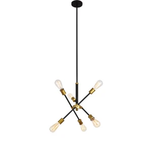 Pendant Chandelier Light Fixture Sputnik Modern Mid-Century Black and Brass - Picture 1 of 8