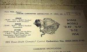 1954 DODGE - CARTER CARBURETER Specs Brochure - Picture 1 of 3