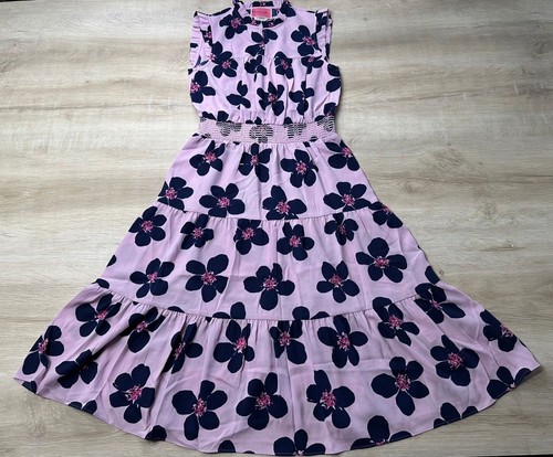 Abito midi Kate Spade New York XS linea principale grande floreale vita smocked senza maniche