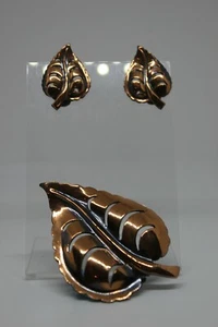 Elegante große Vintage Kupfer Blatt Anstecknadel Brosche & Ohrclips SET - Bild 1 von 8