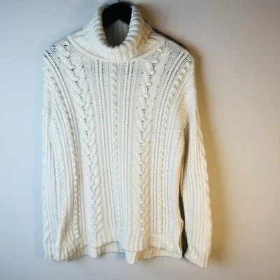 ANN TAYLOR Sweater Fisherman Knit Turtleneck Alpaca Merino Wool  Size L Soft - Image 1 of 4