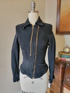 Vintage 90s VERSACE Donatella Black Denim Motorcycle Jacket Fitted xs - Picture 1 of 12