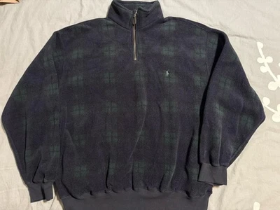 Polo Ralph Lauren 1/4 拉链羊毛套衫 L 码绿色蓝色格子侧袋  — 第 1/4 张图片