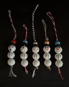 Set Of 5 Painted Wooden Beaded Snowman Ornaments  - Picture 1 of 5