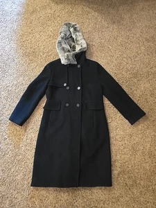 Calvin Klein Black Long Wool Coat Hooded Rex Rabbit Size 8 Jacket  - Picture 1 of 20