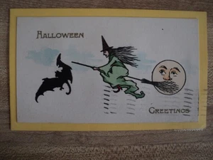Postal de Halloween Flying Witch & Bat hecha a mano de colección 1914 - Imagen 1 de 2