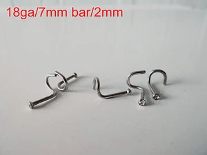 2x 316L Nose stud-ring 18ga/7mm bar/2mm diamonte. Surgical stainless steel. - Picture 1 of 5