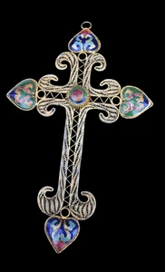 Antique French metal filigree enamel inlay decor crucifix cross religious - Picture 1 of 6
