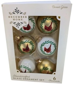 December Home Handcrafted 2 1/2" Glass Ornament Set 6 Gold Shiny Matte Cardinal - Imagen 1 de 10