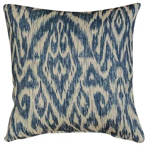 Textured Linen Blend Abstract Ikat Cushion in Marine Blue. 17x17". Double Sided. - Picture 1 of 3