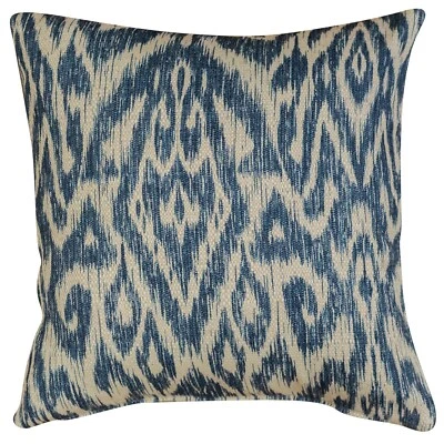 Textured Linen Blend Abstract Ikat Cushion in Marine Blue. 17x17". Double Sided. - Image 1 of 3