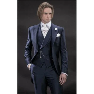 Marineblau Herren Tailcoat Anzug Spitze Revers formeller Bräutigam Abschlussball Smoking Hochzeit Anzüge - Bild 1 von 8