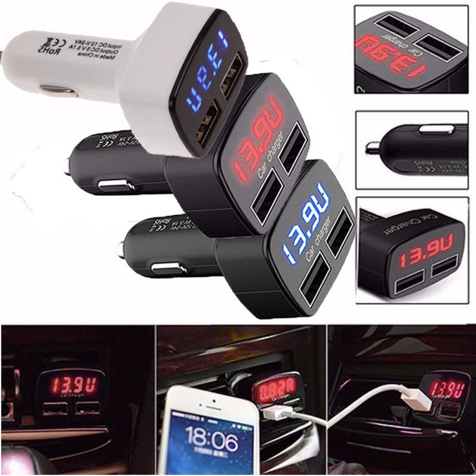 GCSUPERMARKET 4 In 1 Dual USB Car Charger Adapter Voltage DC 5V 3.1A Tester iPhone Tablet ATF