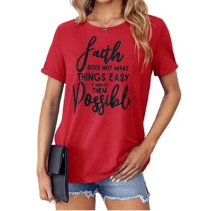 Women's Faith Letter Print T-Shirt - Red Cotton Round Neck Tee - Size Large - Picture 1 of 8