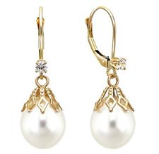 Pearl Earrings 14k Yellow Gold Leverback .10cttw diamond 9-10 White Freshwater