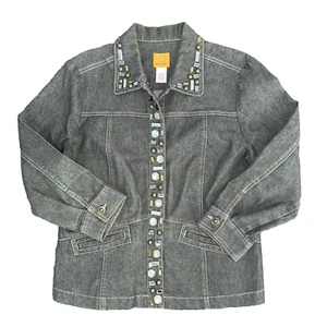 Ruby Rd. Ladies 12 Denim Blazer Jacket Rhinestone Studded Trim Gray Olive CUTE! - Picture 1 of 11