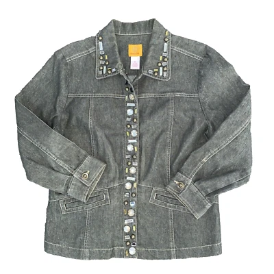 Ruby Rd. Ladies 12 Denim Blazer Jacket Rhinestone Studded Trim Gray Olive CUTE! - Image 1 of 4