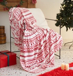Red & White Plush Throw Blanket 50X60 Super Soft Ugly Sweater Print - Picture 1 of 11