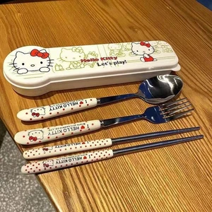 Hello Kitty Kids Utensils Set  Fork Spoon ChopstickS & Storage Carry Case New  - Picture 1 of 3
