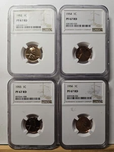 1952, 1954, 1955, 1956 1c Pf67 Red Lincoln Wheat Cent NGC - Picture 1 of 6