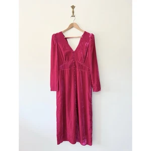 Vestido midi de terciopelo Whistles Ally talla 14 rosa brillante cuello en V abotonado - Imagen 1 de 12