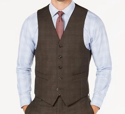 Michael Kors men Brown Classic Fit 5 Button Wool Plaid Dress Suit Vest 39R - Image 1 of 2