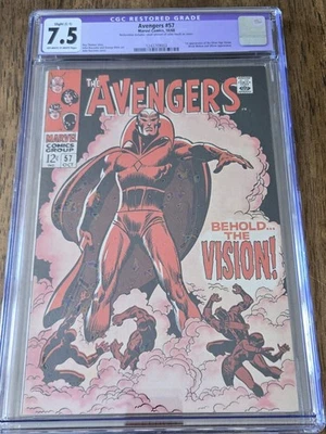 Avengers 57 CGC Restored Grade 7.5 Marvel 1968 First Vision - Image 1 of 3