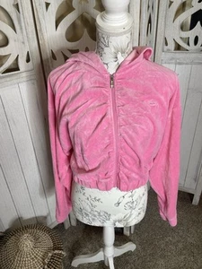 JUICY COUTURE Cropped Velvet Cinched Hooded Jacket Neon Pink Sz Large - Picture 1 of 6