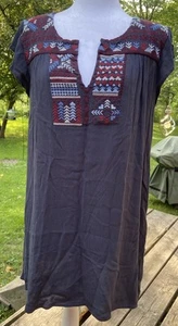 Vestido Boho Azul Marino Bordado Boho Talla Mediana Campesino Hippie Manga Corta Midi - Imagen 1 de 16