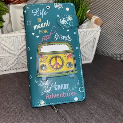 Shag Wear Peace Sign Large Wallet for Women 7" Teal - Image 1 of 4
