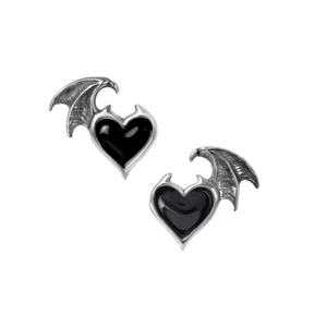 Alchemy Gothic Blacksoul Ear Studs Earrings Black Heart Bat Wings Pewter Punk - Picture 1 of 5