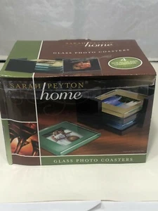 Sarah Peyton Home Set of 4 Glass Photo Coasters with Wooden Holder 2x3 - NEW - Picture 1 of 2