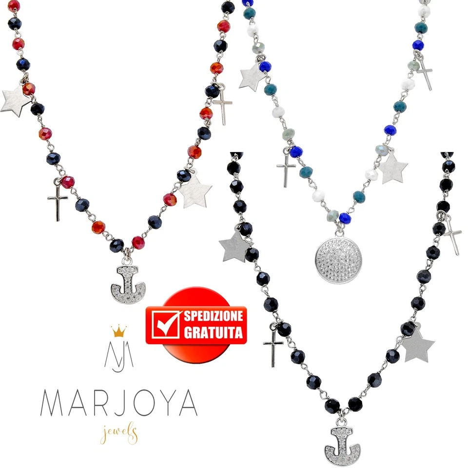 Collana con croci,stelle,ancora,disco,swarovski multicolor in argento,dorato - Immagine 1 di 1