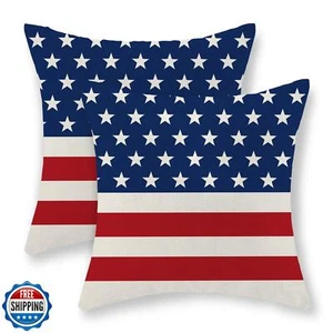 JEFERSO 4th of July Pillow Covers 16x16 Set of 2, Blue Star Stripes American - Picture 1 of 5