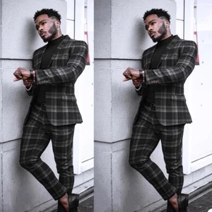 Plaid Men Tuxedos Blazer 2 Pieces (Pant + Jacket ) Slim Fit Party Prom Suits - Picture 1 of 16