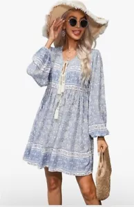 Vivimos Boho XL Tunic Dress Blue Floral Mini Long Sleeve Chest Tie Loose Fit - Picture 1 of 15