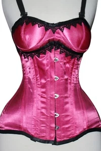Pink Satin Real Steel Bones Lace up Back Steel busk Full Bust Corset 2XS~7XL - Picture 1 of 6
