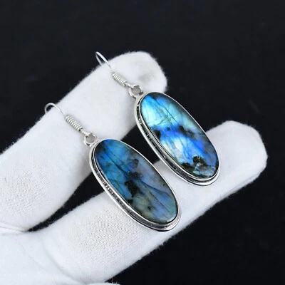 Natural Labradorite Gemstone Earrings 925 Sterling Silver Handmade Jewelry Gift - Image 1 of 4