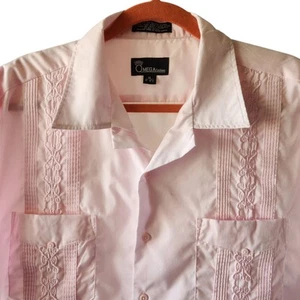 Omega Fashion Mens Cuban Shirt XL 17 17.5 Loose Fit Pink Embroidered 4 Pockets - Picture 1 of 5