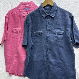 2  Toscana Aqua Short Sleeve Button Up Shirts Size Large 100% Linen Navy & Pink - Picture 1 of 14